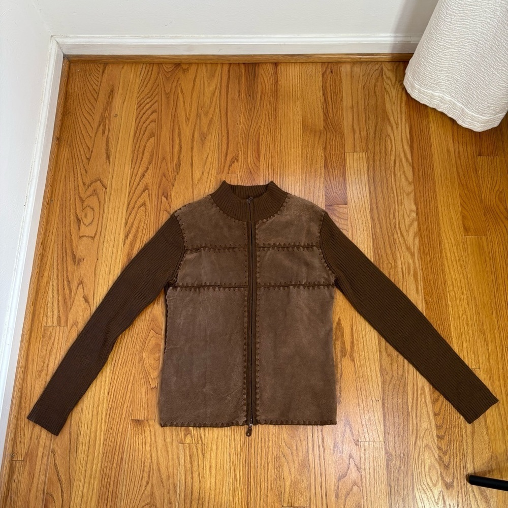 Vintage Wool Blend Suede Leather Patchwork Zip Cardigan Jacket Sweater Boho 70s - Picture 12 of 16